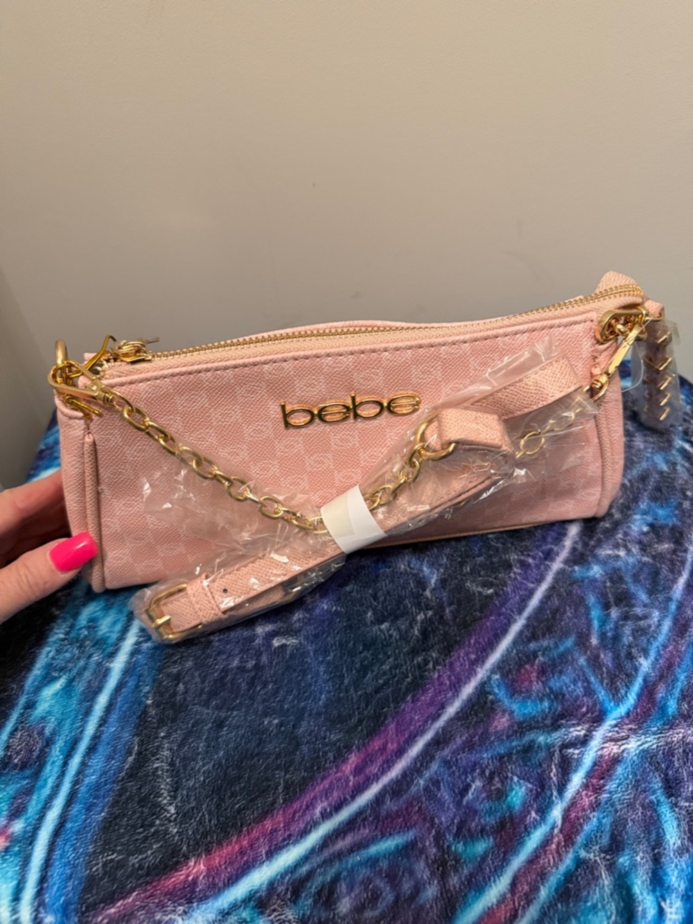 bebe Blush Pink Quilted Logo Crossbody with Gold Chain Strap